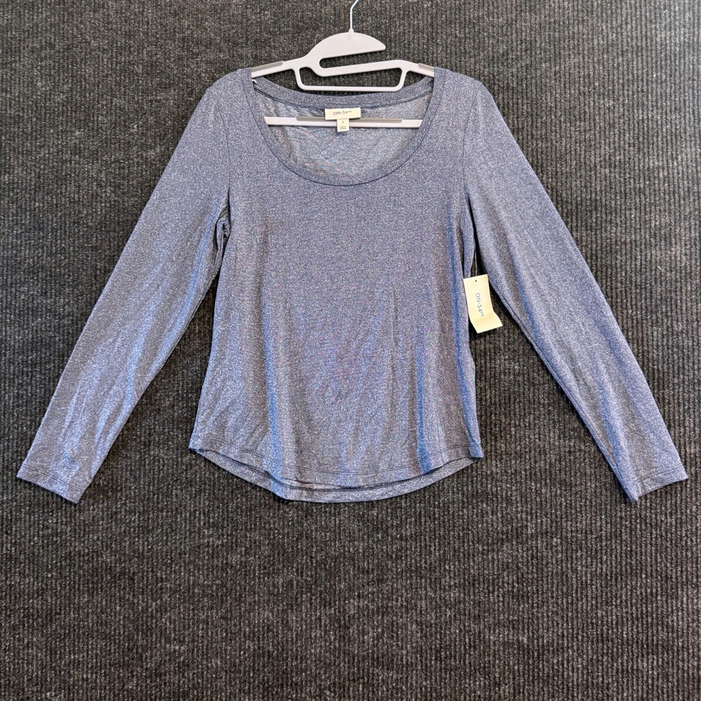 ON 34th Long Sleeve Top Women Small Blue Metallic Glitter Scoop Neck NWT